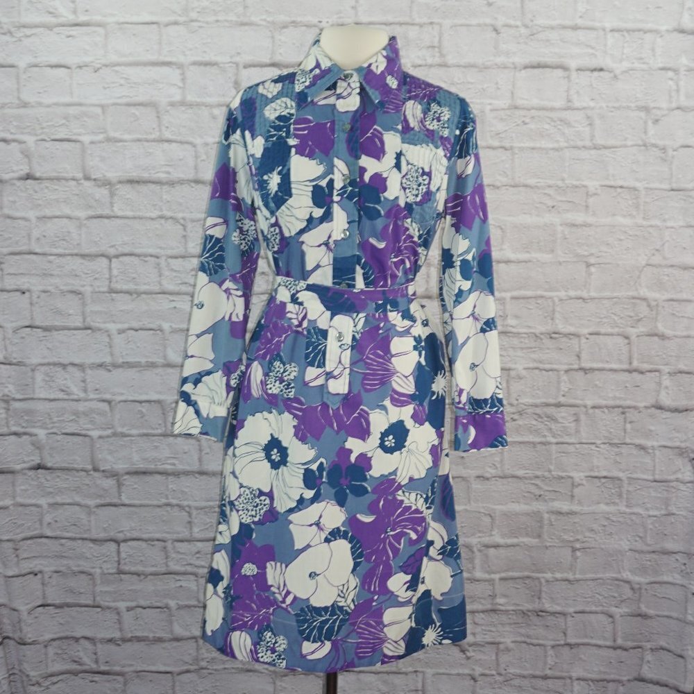 Vintage 60s Floral Belted Shirt Dress